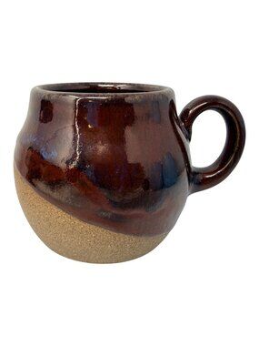 Handmade Large Studio Pottery Mug Brown Drip Glaze Peace Mark Pot Belly